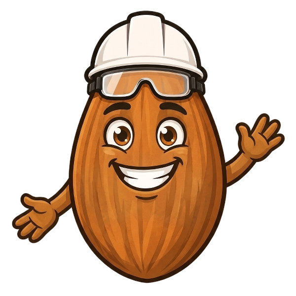 Central Valley Ignition almond mascot — a deadpan almond in a hard hat and safety goggles